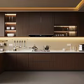 Modern Kitchen Interior With Dark Wood Cabinets Island Countertop And Stainless Steel Appliances