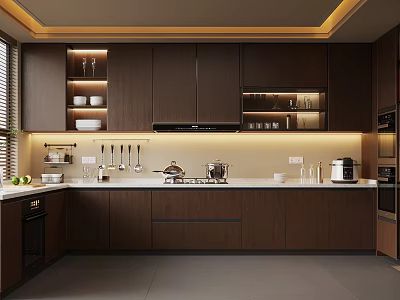 Modern Kitchen Interior With Dark Wood Cabinets Island Countertop And Stainless Steel Appliances 3d model