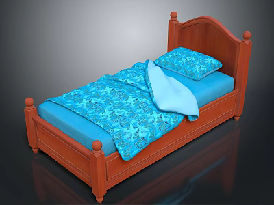 Traditional Wooden Bed With Mahogany Frame Blue Patterned Bedspread And Pillow 3d model