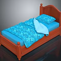 Traditional Wooden Bed With Mahogany Frame Blue Patterned Bedspread And Pillow