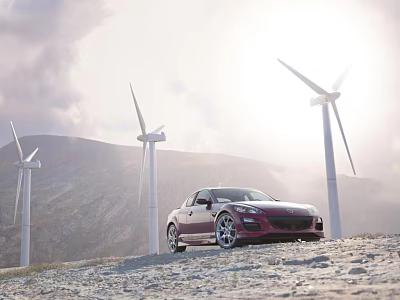 Red Sports Car Parked On Rocky Terrain With Wind Turbines In Mountainous Background 3d model