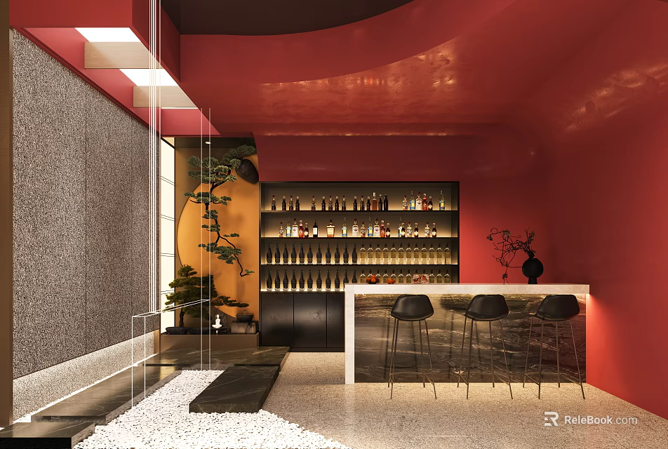 Hotel Lobby Interior With Red Walls Bar Counter Wine Shelves Bar Stools And Decorative Plants 3d model 
