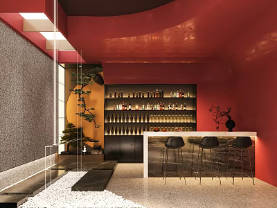 Hotel Lobby Interior With Red Walls Bar Counter Wine Shelves Bar Stools And Decorative Plants 3d model