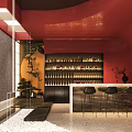 Hotel Lobby Interior With Red Walls Bar Counter Wine Shelves Bar Stools And Decorative Plants