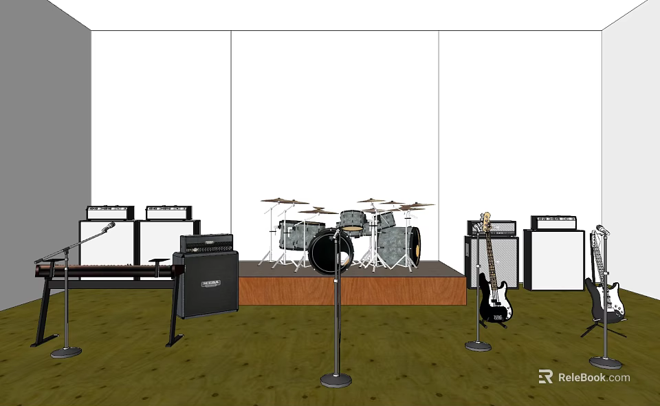 Musical Instruments And Art Supplies On Stage With Drums Guitar Amplifiers And Microphone Stands 3d model 