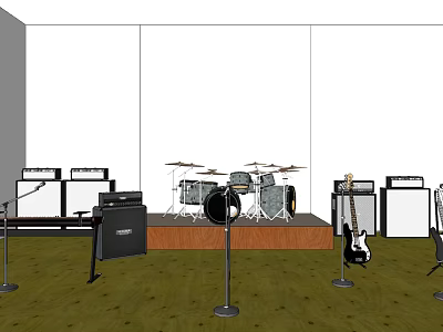 Musical Instruments And Art Supplies On Stage With Drums Guitar Amplifiers And Microphone Stands 3d model