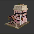 Pink Multi Story Building Model with Exterior Staircase Balcony and Decorative Roof