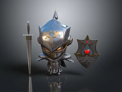 Silver Armored Character With Glowing Orange Eyes Beside Sword And Shield Featuring Red Gem 3d model
