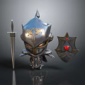 Silver Armored Character With Glowing Orange Eyes Beside Sword And Shield Featuring Red Gem