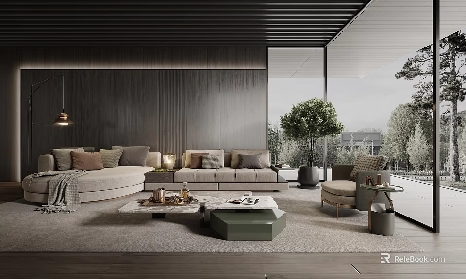 Elegant Modern Living Room Interior With Wooden Wall Gray Sofa Green Plant And Large Windows 3d model 