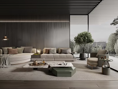 Elegant Modern Living Room Interior With Wooden Wall Gray Sofa Green Plant And Large Windows 3d model