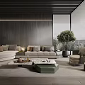 Elegant Modern Living Room Interior With Wooden Wall Gray Sofa Green Plant And Large Windows