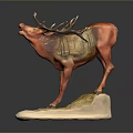Red Deer Statue With Large Antlers On Green And Yellow Accent Base