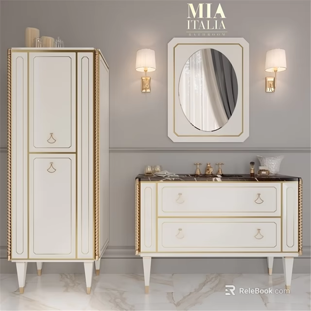 Elegant White Vanity with Gold Trim Oval Mirror Wall Sconces and Side Cabinet 3d model 