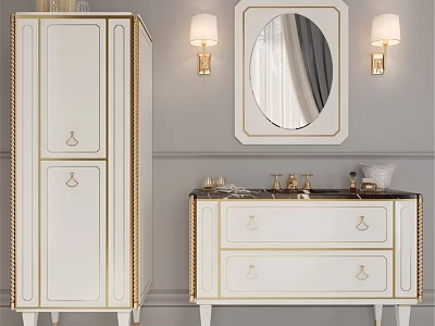 Elegant White Vanity with Gold Trim Oval Mirror Wall Sconces and Side Cabinet 3d model