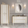 Elegant White Vanity with Gold Trim Oval Mirror Wall Sconces and Side Cabinet