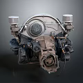 Vintage Metal Car Engine Components With Dual Cylindrical Parts And Circular Grille