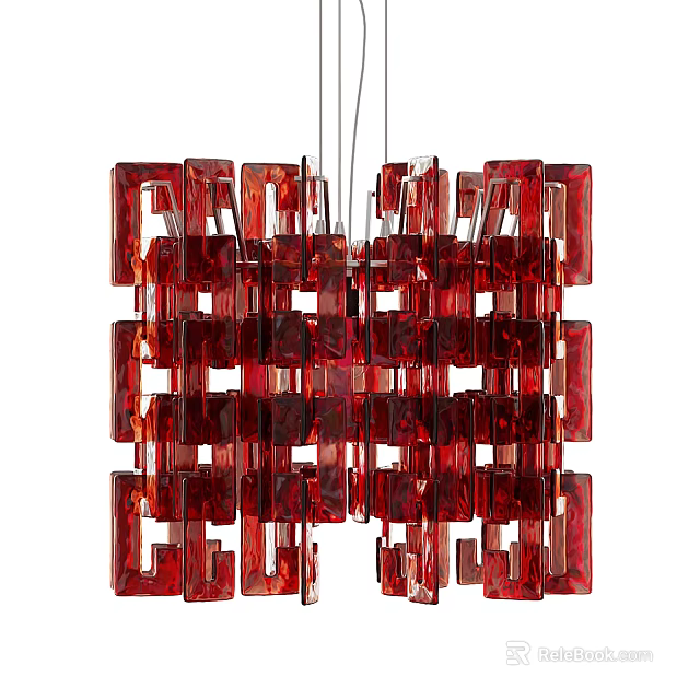 Red Geometric Square Glass Chandelier With Modern Interlocking Modules And Artistic Design 3d model