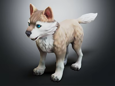 Cute Husky Puppy with Blue Eyes Fluffy Tan and White Fur Standing Pose 3D Render 3d model