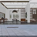 Modern Garden Space With White Walls Wooden Door Decorative Painting Circular Mirror Stones And Water