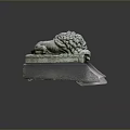 Detailed Stone Lion Statue Lying On Carved Stone Pedestal With Ancient Design