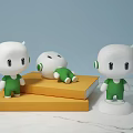White Green Cartoon Figures in Standing and Lying Positions on Yellow Platform