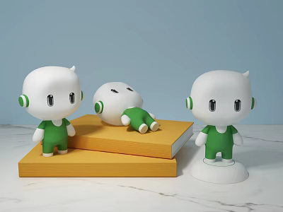 White Green Cartoon Figures in Standing and Lying Positions on Yellow Platform 3d model