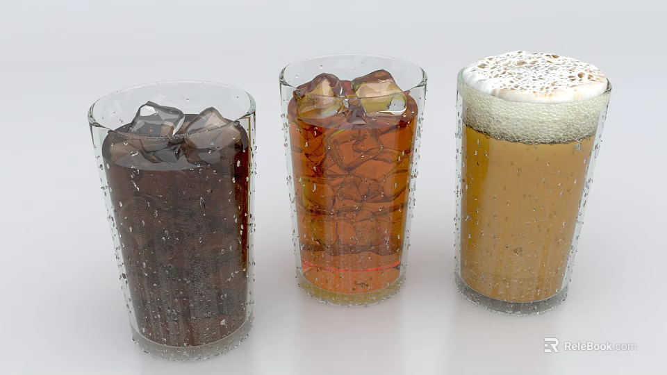 Three Glasses of Different Colored Drinks with Ice Cubes and Water Droplets on Glass Walls 3d model 
