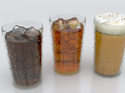 Three Glasses of Different Colored Drinks with Ice Cubes and Water Droplets on Glass Walls 3d model