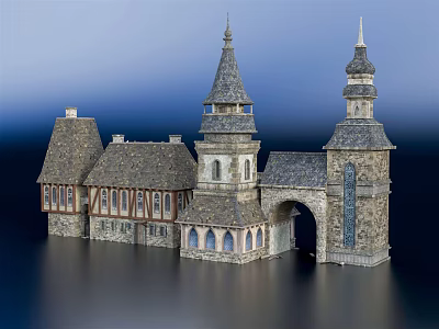 Ancient Architecture Featuring Stone Towers Spires Archway Traditional Roofs And Detailed Windows 3d model