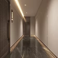 Elevator Hallway Featuring Gray Walls Dark Marble Flooring Wooden Door And Linear Lighting