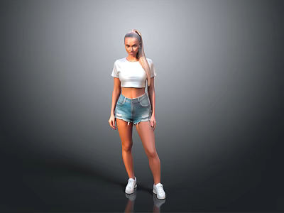 Woman In White Cropped Top And Denim Shorts With White Sneakers On Gray Background 3d model
