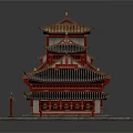 Cartoon Style Traditional Chinese Building With Red Pillars Golden Roofs And Lantern