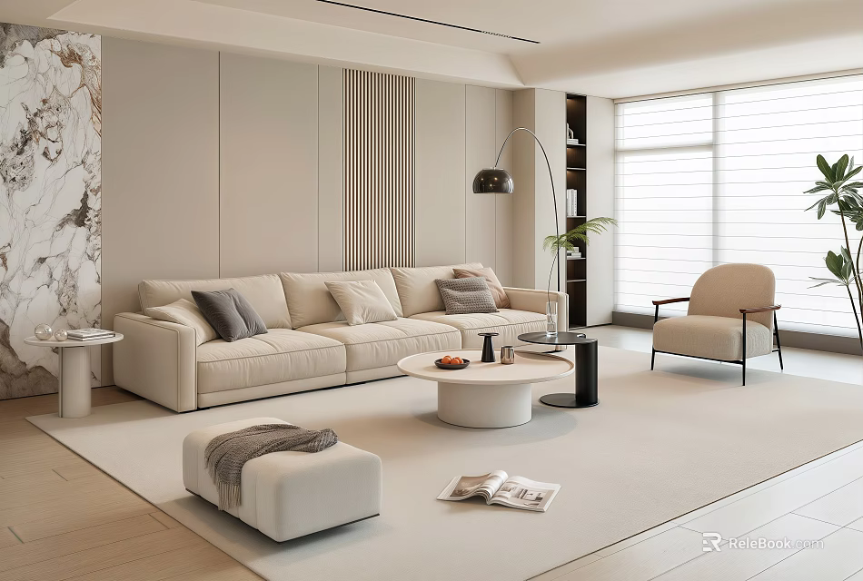 Modern Living Room Interior With Beige Sofa Ottoman Single Chair Round Coffee Table Floor Lamp 3d model 