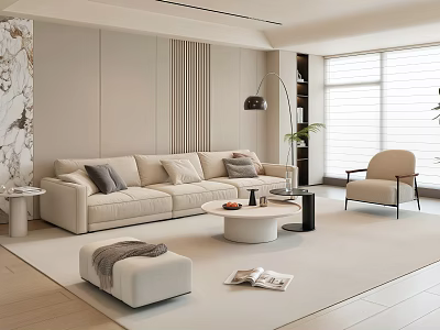 Modern Living Room Interior With Beige Sofa Ottoman Single Chair Round Coffee Table Floor Lamp 3d model