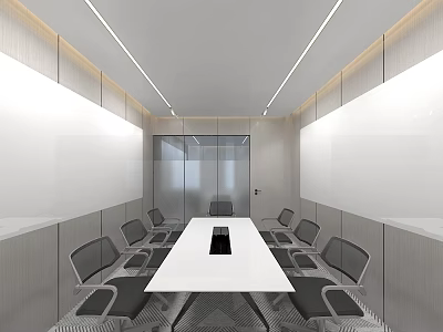 Modern Conference Room Interior With White Long Table Gray Chairs And Ceiling Strip Lights 3d model