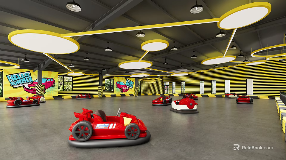 Vibrant Bumper Cars Play Area With Red Vehicles Yellow Black Striped Walls Circular Lights 3d model 