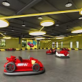 Vibrant Bumper Cars Play Area With Red Vehicles Yellow Black Striped Walls Circular Lights