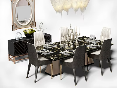 Elegant Modern Dining Table Set With Marble Top Gray Chairs Sideboard And Chandelier 3d model