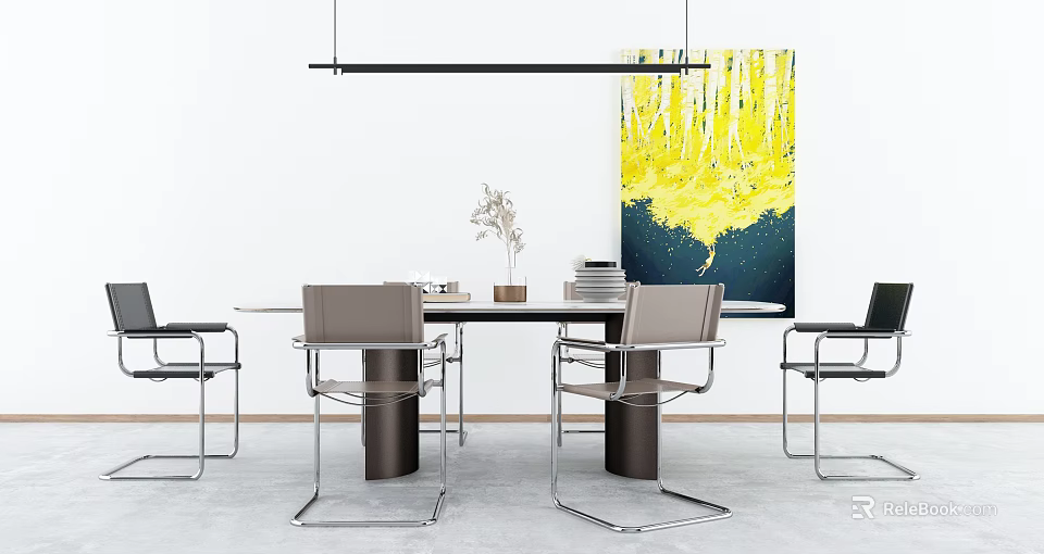 Modern Dining Room With Chic Chairs And Vibrant Wall Art 3d model 