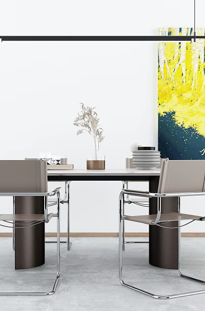 Modern Dining Room With Chic Chairs And Vibrant Wall Art 3d model