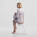 Fashionable Woman Sitting On White Stool Holding Beige Handbag In Pink Heels