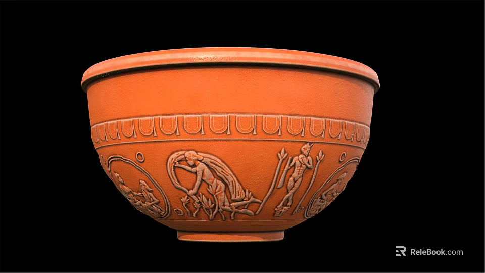 Orange Ceramic Bowl With Ancient Figural Carvings And Decorative Patterns As Household Item 3d model 