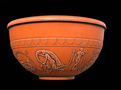 Orange Ceramic Bowl With Ancient Figural Carvings And Decorative Patterns As Household Item 3d model