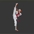 Young Boy In Taekwondo Uniform With Red Belt Striking High Kick Stance