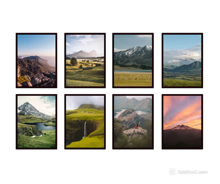 Framed Landscape Paintings With Various Natural Scenes Mountains Grasslands Lakes And Sunrise 3d model 