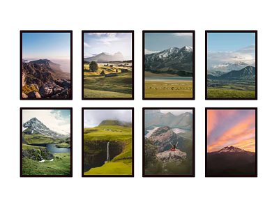 Framed Landscape Paintings With Various Natural Scenes Mountains Grasslands Lakes And Sunrise 3d model