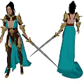 Fantasy Game Character With Black Hair Blue Long Dress Golden Armor Holding Crossed Swords