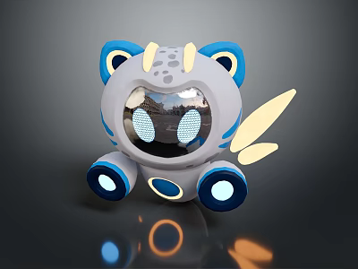 Cartoon Style Cute Gray Robot Character With Blue Ears Yellow Horns Wings And Glowing Eyes 3d model