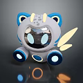 Cartoon Style Cute Gray Robot Character With Blue Ears Yellow Horns Wings And Glowing Eyes